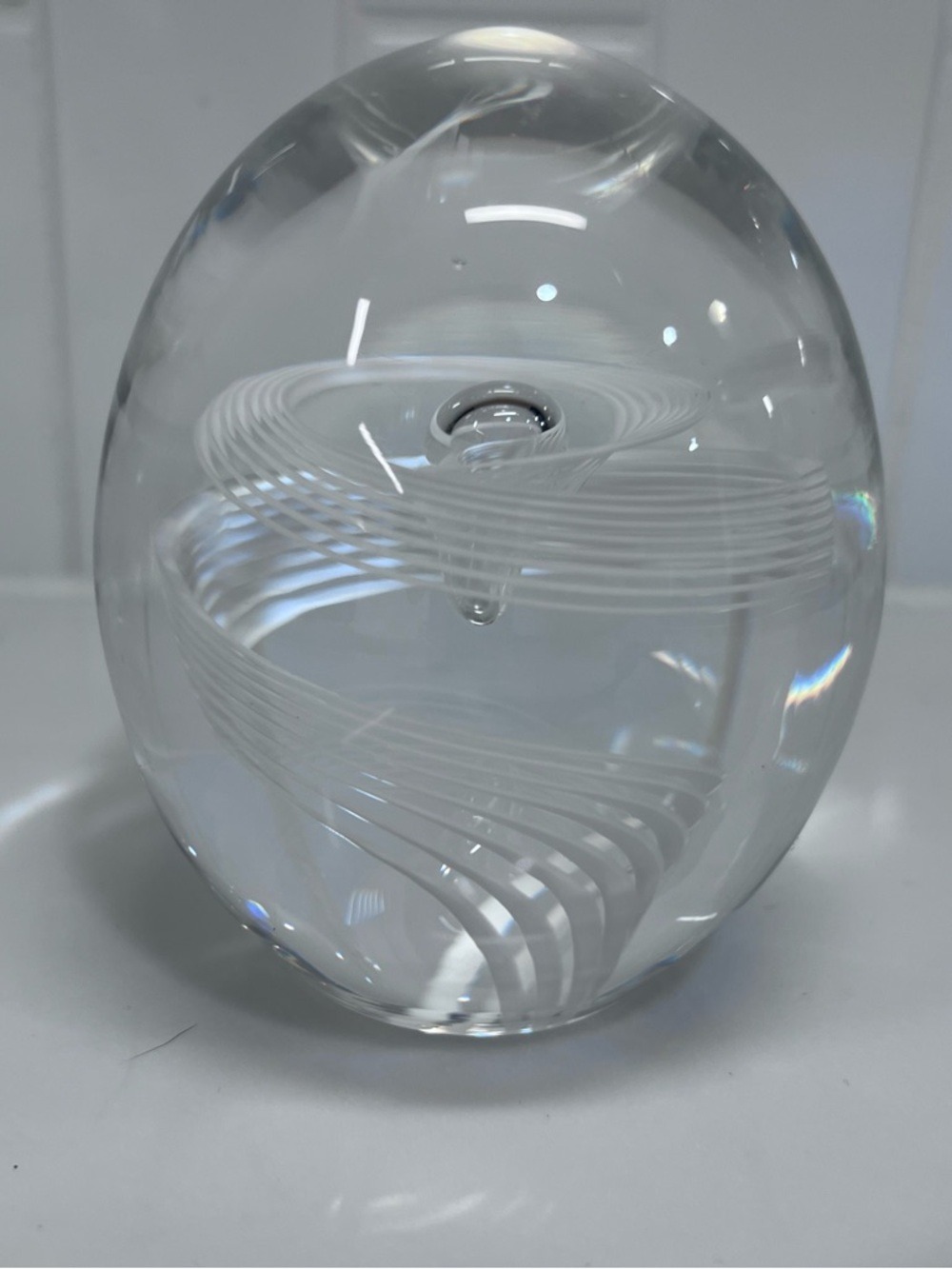 Signed Steuben Crystal Art Glass Paperweight White Spiral Ribbon Sculpture